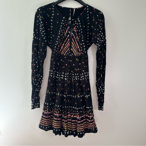 Free People Coryn Mini Dress Black Printed Open Back Long Sleeve Size 2 - Picture 10 of 15